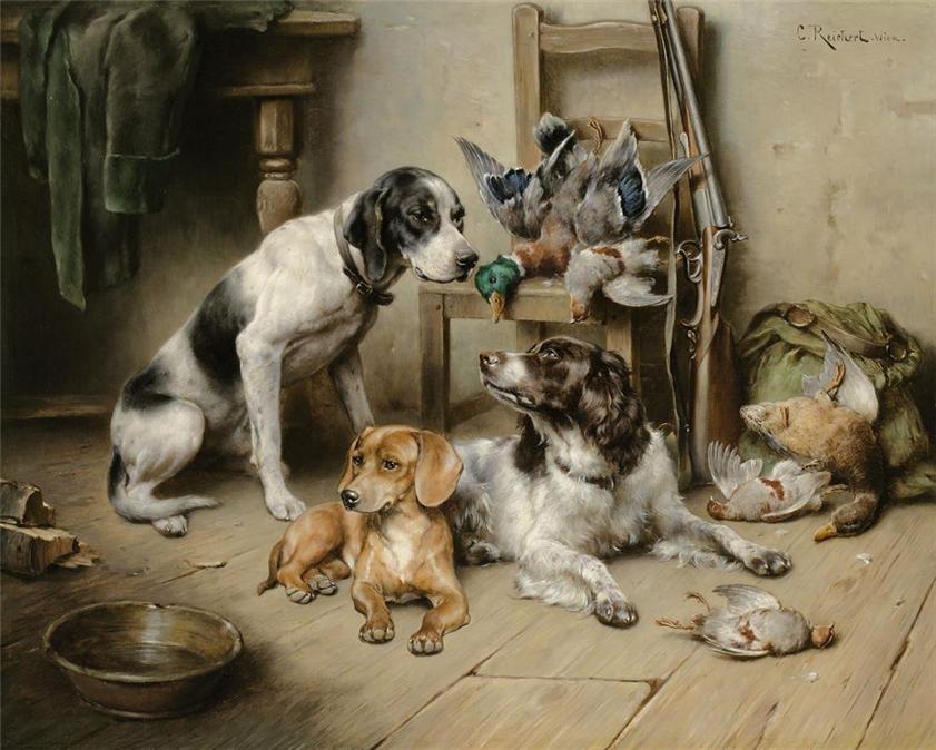 Wikioo.org - The Encyclopedia of Fine Arts - Painting, Artwork by Carl Reichert - An English Pointer, a Dachshund and an English Springer Spaniel after the hunt