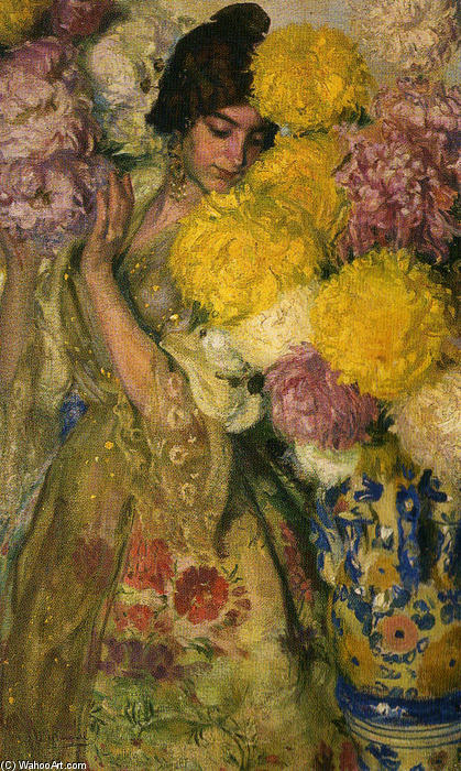 Wikioo.org - The Encyclopedia of Fine Arts - Painting, Artwork by José Mongrell Torrent - Entre flores (also known as Valenciana y crisantemos)