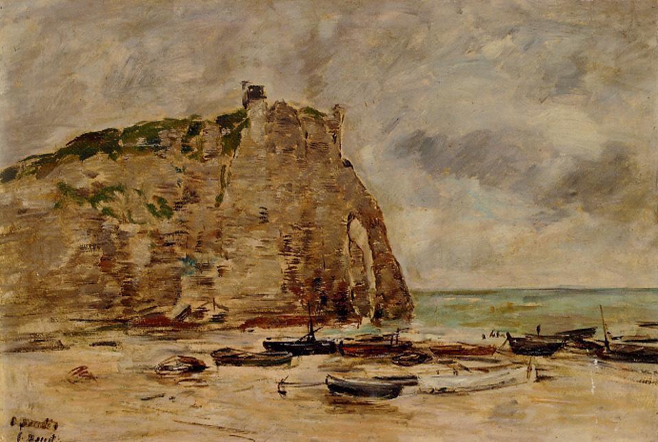 Wikioo.org - The Encyclopedia of Fine Arts - Painting, Artwork by Eugène Louis Boudin - Etretat, Beached Boats and the Cliff of Aval