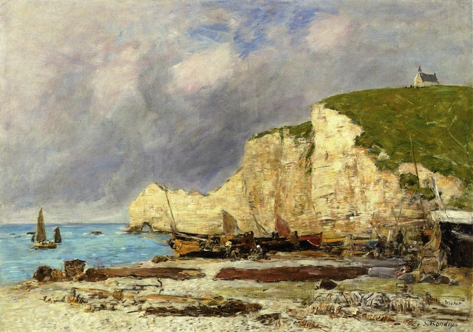 Wikioo.org - The Encyclopedia of Fine Arts - Painting, Artwork by Eugène Louis Boudin - Etretat, Beached Boats and Falaise d'Amont