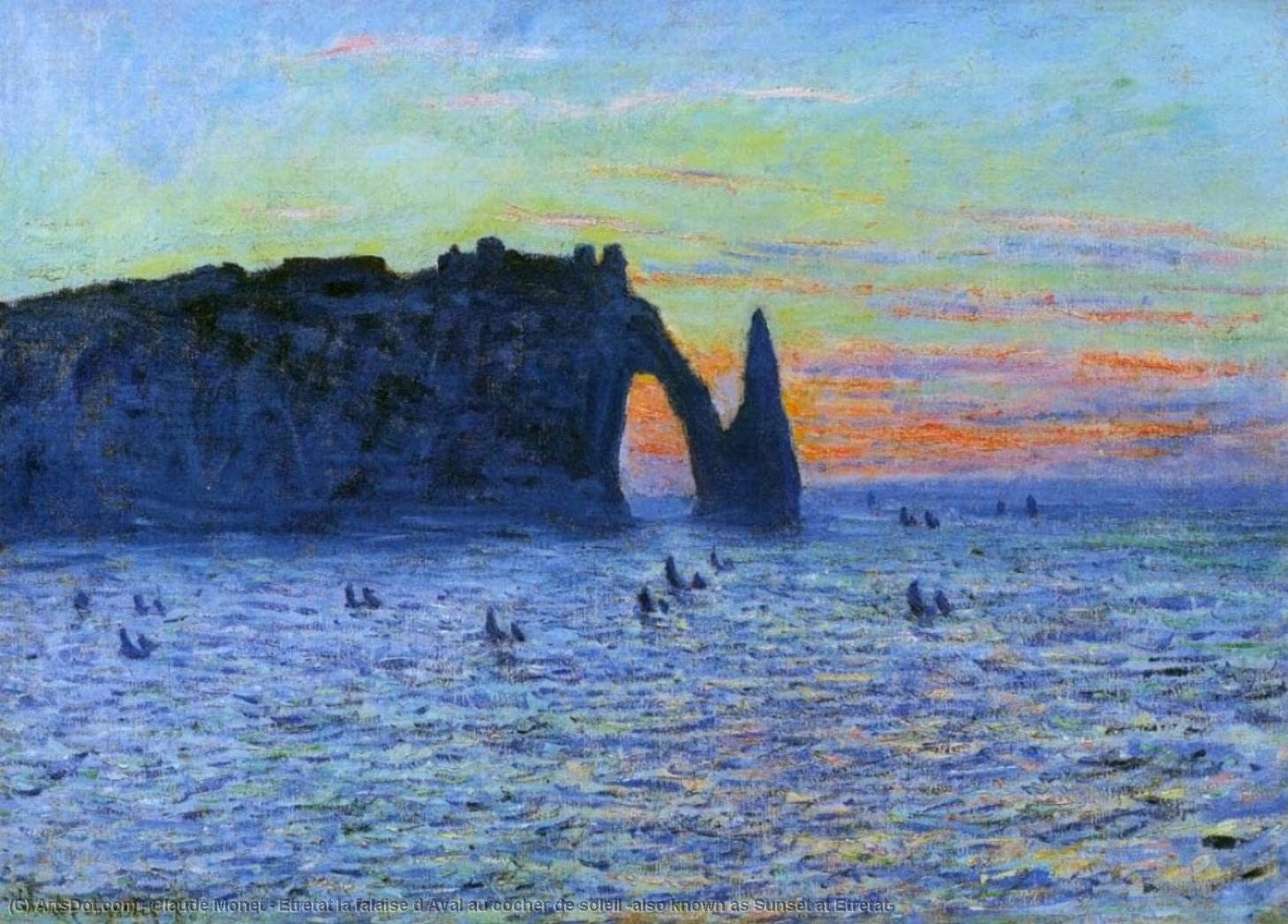 Wikioo.org - สารานุกรมวิจิตรศิลป์ - จิตรกรรม Claude Monet - Etretat la falaise d Aval au cocher de soleil (also known as Sunset at Etretat)
