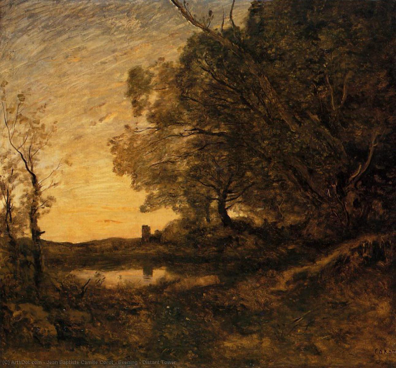 Wikioo.org - สารานุกรมวิจิตรศิลป์ - จิตรกรรม Jean Baptiste Camille Corot - Evening - Distant Tower