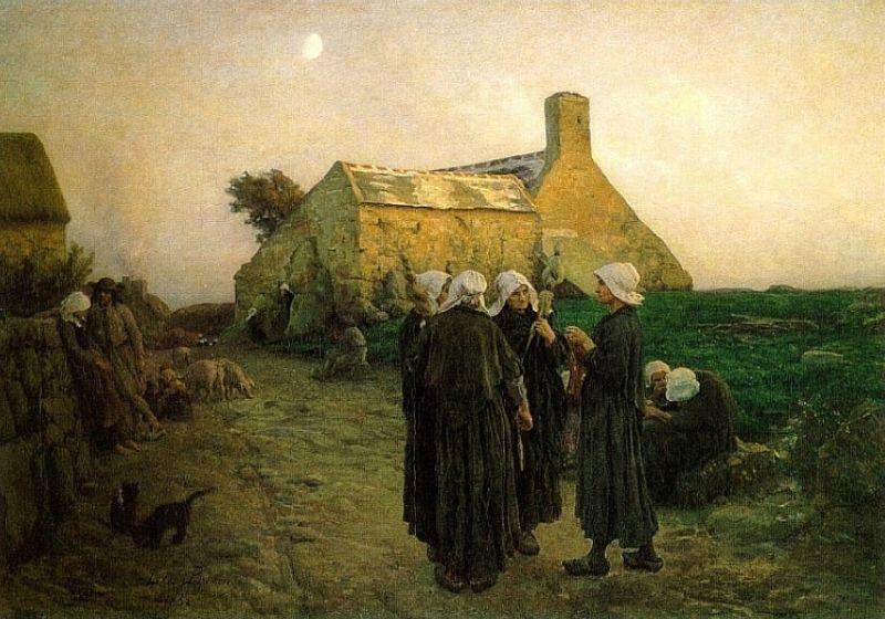 Wikioo.org - The Encyclopedia of Fine Arts - Painting, Artwork by Jules Adolphe Aimé Louis Breton - Evening in the Hamlet of Finistere