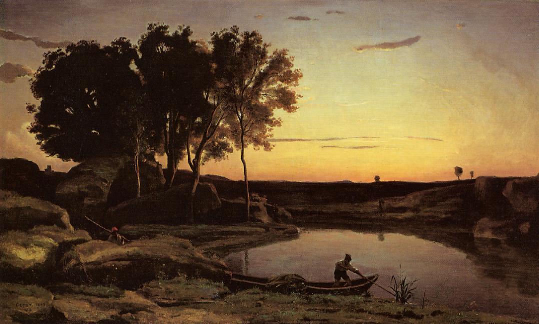 Wikioo.org - The Encyclopedia of Fine Arts - Painting, Artwork by Jean Baptiste Camille Corot - Evening Landscape (also known as The Ferryman, Evening)