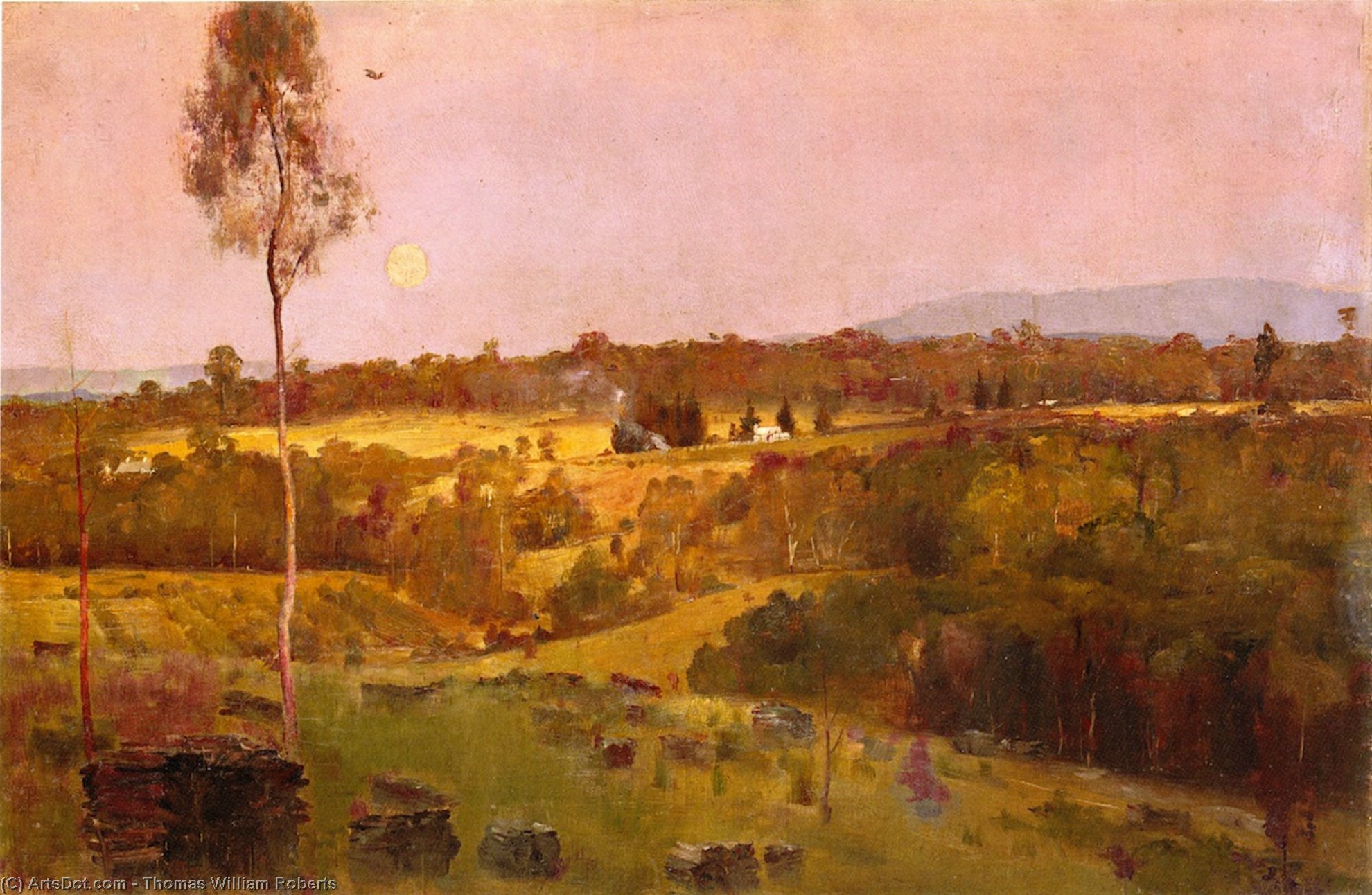 Wikioo.org - The Encyclopedia of Fine Arts - Painting, Artwork by Thomas William Roberts - Evening, when the quiet east flushes faintly at the sun's lasts look