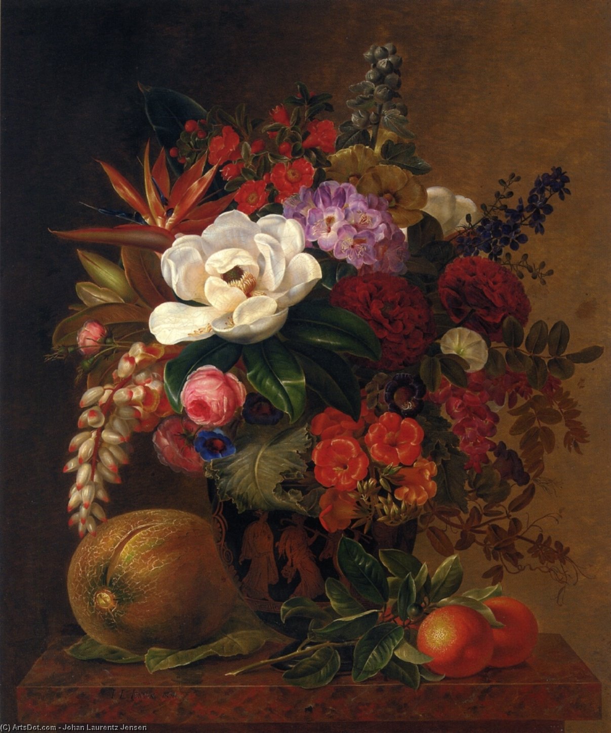 WikiOO.org - Encyclopedia of Fine Arts - Maalaus, taideteos Johan Laurentz Jensen - Exotic Blooms in a Grecian Urn with Fruit on a Marble Ledge