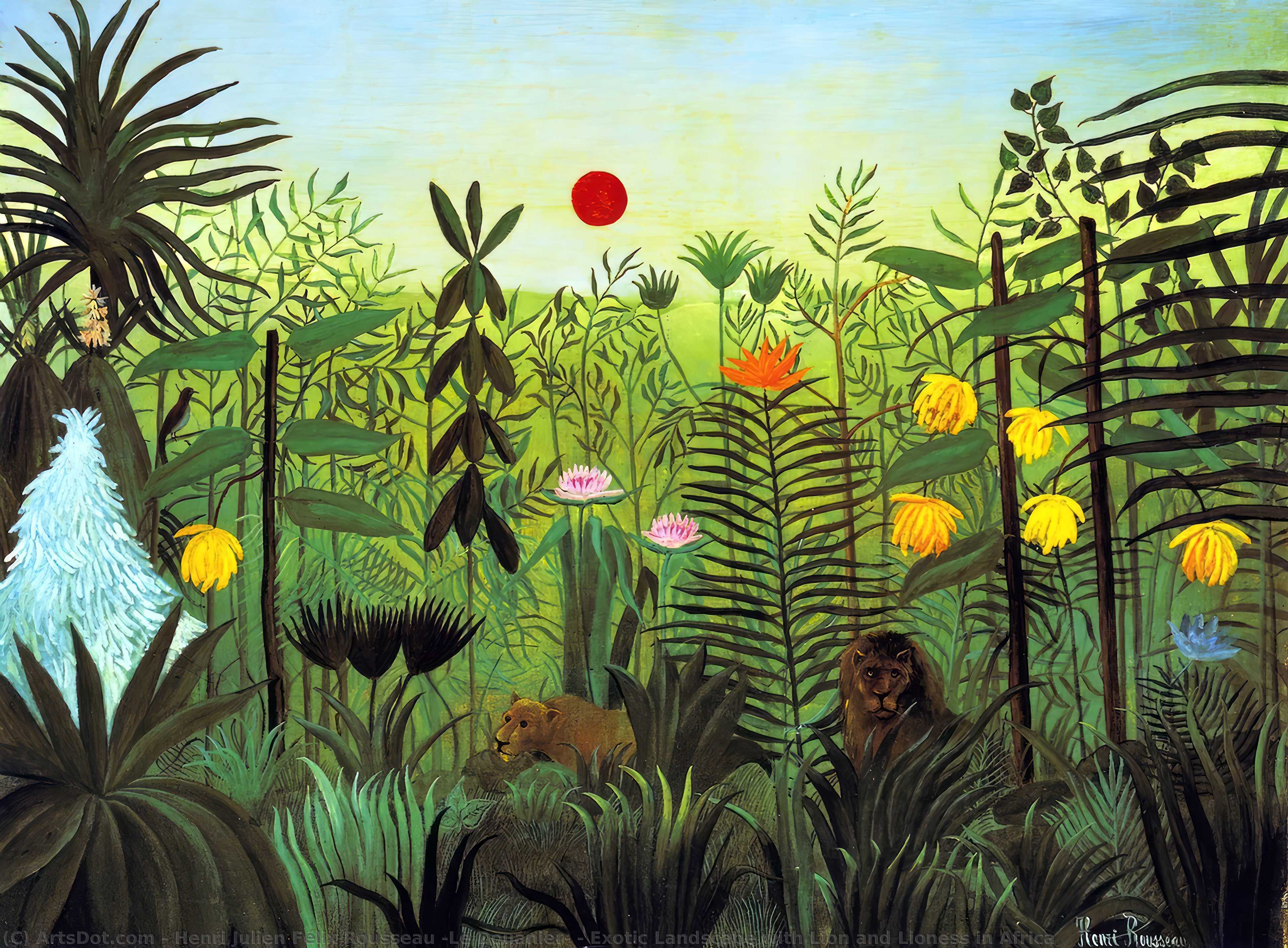 WikiOO.org - Encyclopedia of Fine Arts - Maľba, Artwork Henri Julien Félix Rousseau (Le Douanier) - Exotic Landscape with Lion and Lioness in Africa