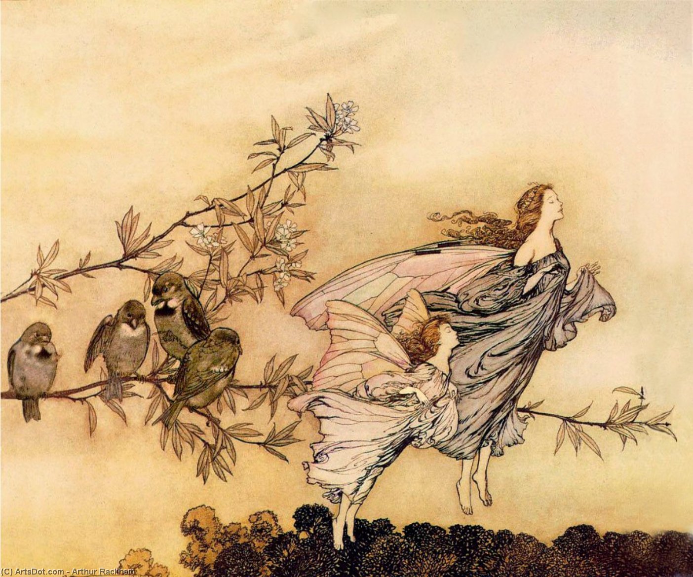 Wikoo.org - موسوعة الفنون الجميلة - اللوحة، العمل الفني Arthur Rackham - The fairies have their tiffs with the birds (also known as Fairy Tiffs)