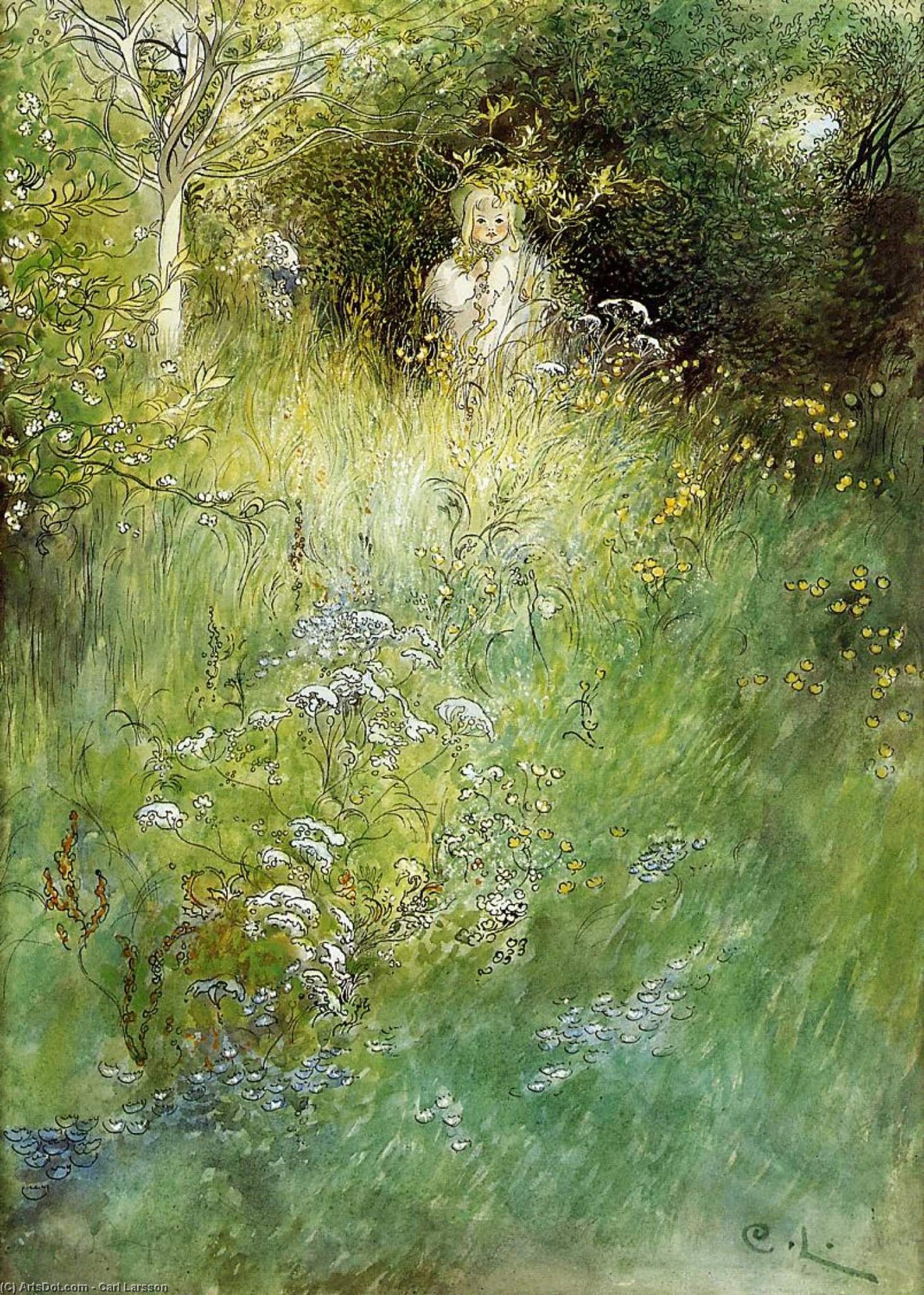 Wikioo.org - The Encyclopedia of Fine Arts - Painting, Artwork by Carl Larsson - A Fairy, Kersti and a View of a Meadow