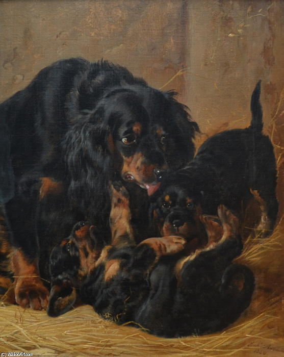Wikioo.org - The Encyclopedia of Fine Arts - Painting, Artwork by Richard Ansdell - A Family of Gordon Setters
