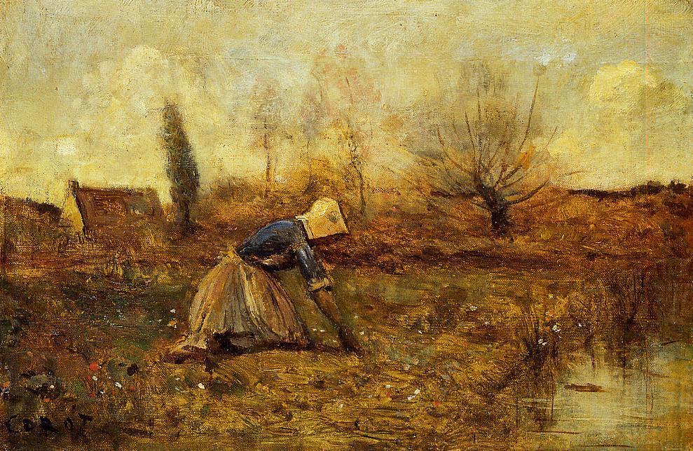 WikiOO.org - Güzel Sanatlar Ansiklopedisi - Resim, Resimler Jean Baptiste Camille Corot - Farmer Kneeling Picking Dandelions