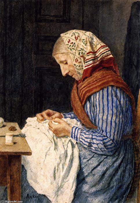 Wikioo.org - The Encyclopedia of Fine Arts - Painting, Artwork by Albert Samuel Anker - A Farmer's Wife, Sewing