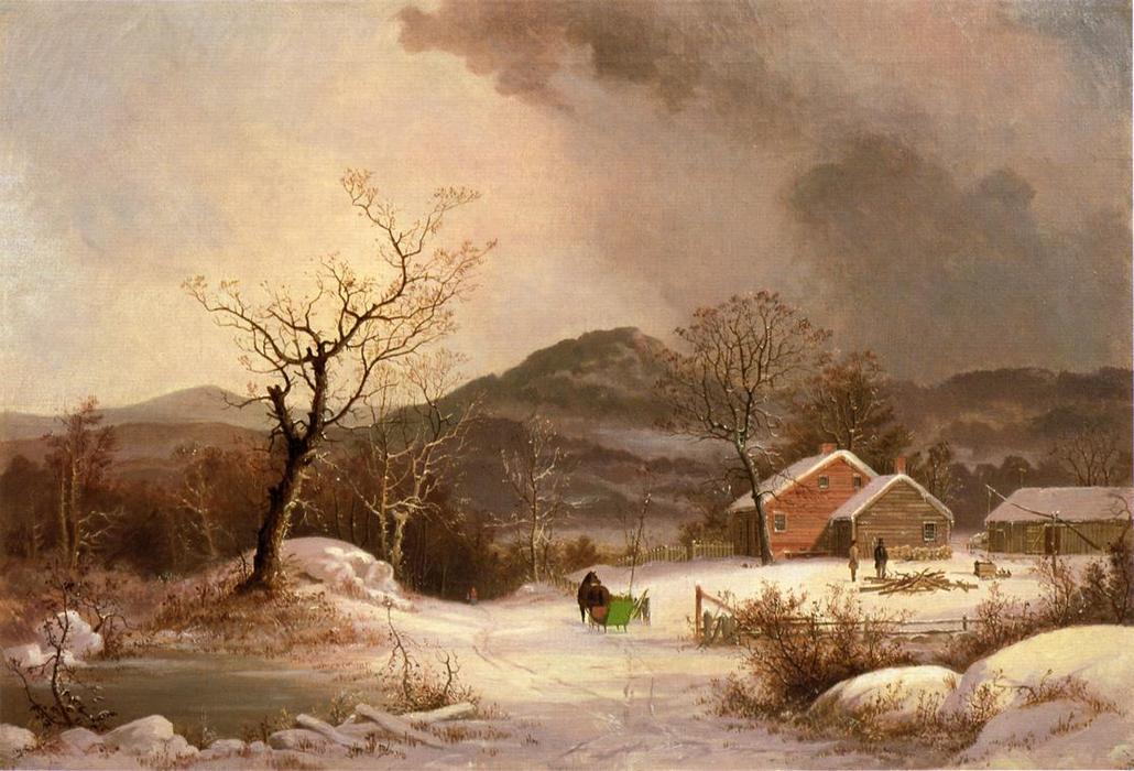 Wikioo.org - สารานุกรมวิจิตรศิลป์ - จิตรกรรม George Henry Durrie - Farmstead and Sleigh in Winter