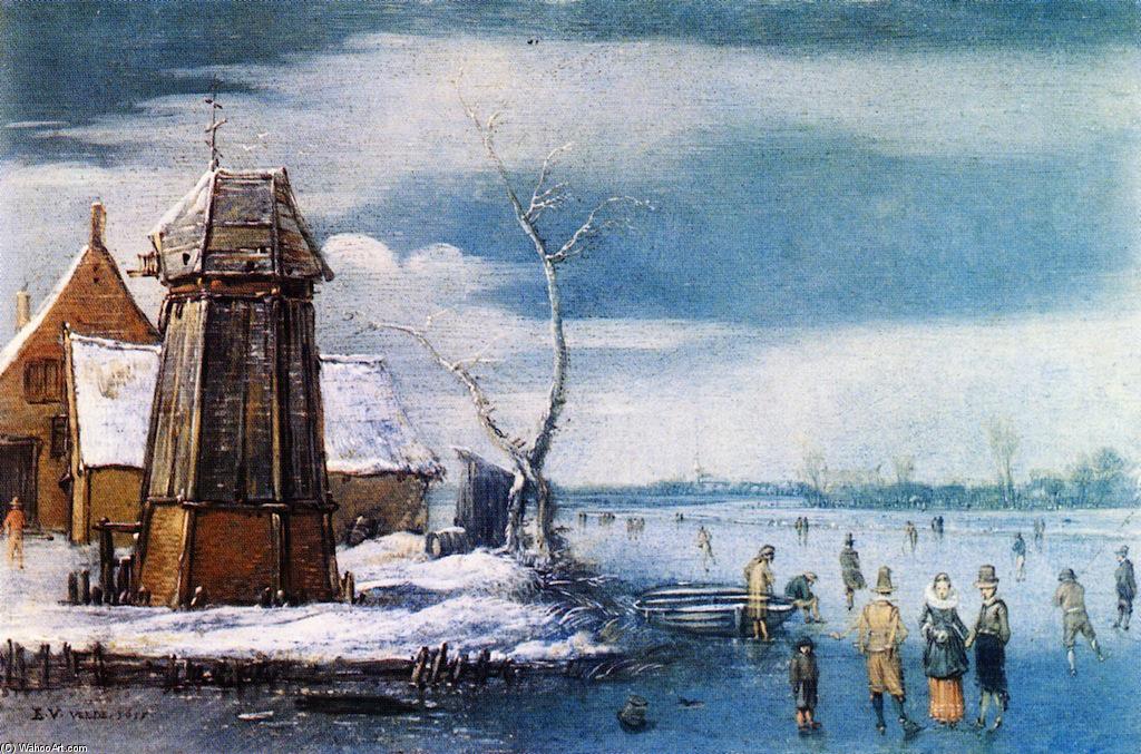 Wikioo.org - The Encyclopedia of Fine Arts - Painting, Artwork by Hendrick Avercamp - A Farm to the Left of a Frozen River