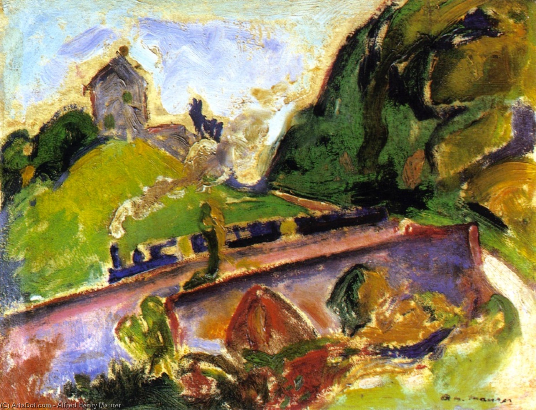 WikiOO.org - Encyclopedia of Fine Arts - Lukisan, Artwork Alfred Henry Maurer - Fauve Landscape with Train