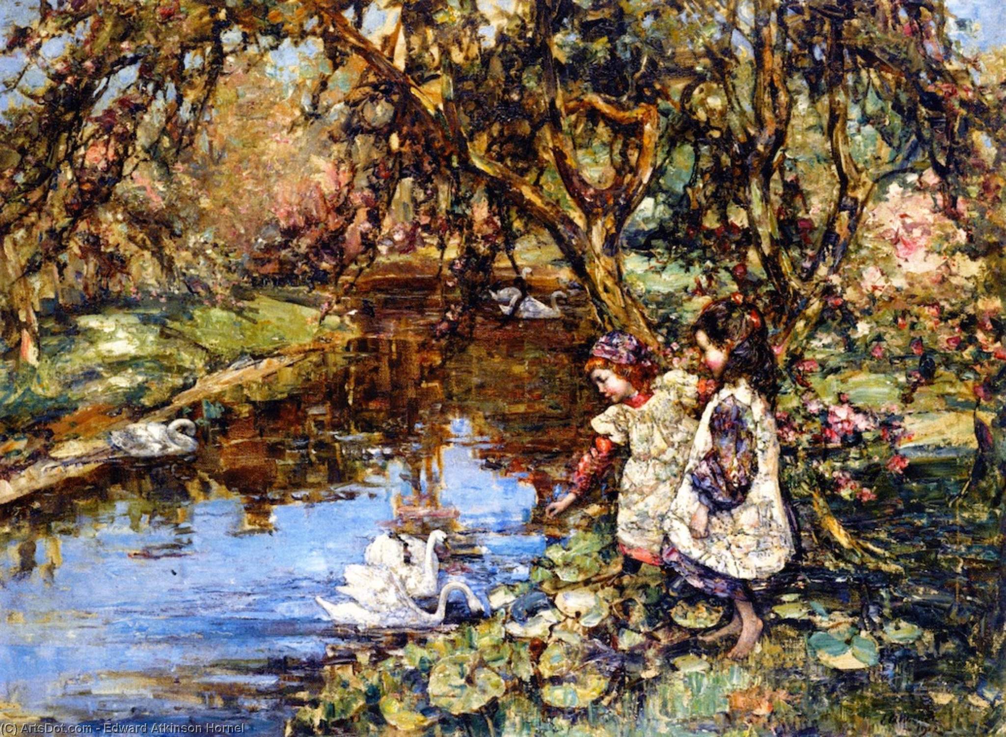 Wikioo.org - The Encyclopedia of Fine Arts - Painting, Artwork by Edward Atkinson Hornel - Feeding the Swans