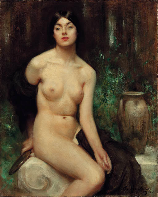 WikiOO.org - Enciclopédia das Belas Artes - Pintura, Arte por Arthur Hacker - A female nude at her toilet
