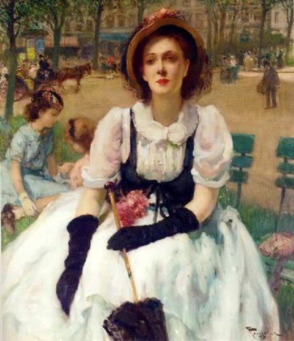 Wikioo.org - The Encyclopedia of Fine Arts - Painting, Artwork by Fernand Toussaint - Femme élégante au parc, Paris