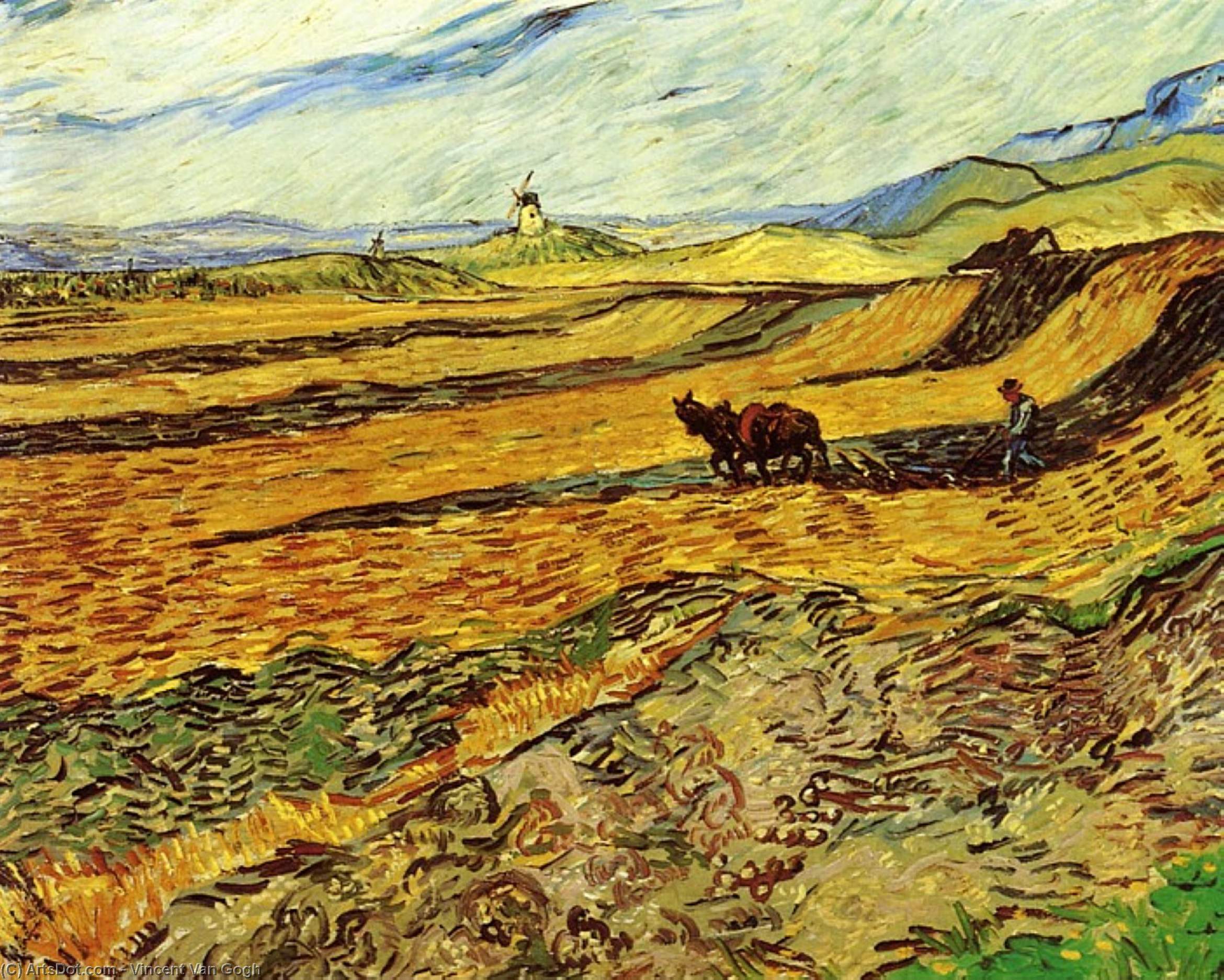 Wikioo.org - The Encyclopedia of Fine Arts - Painting, Artwork by Vincent Van Gogh - Field and Ploughman and Mill