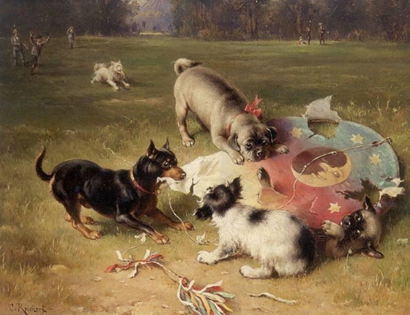 Wikioo.org - The Encyclopedia of Fine Arts - Painting, Artwork by Carl Reichert - Fighting With the Kite - Manchester Terrier, Pug and King Charles Spaniel