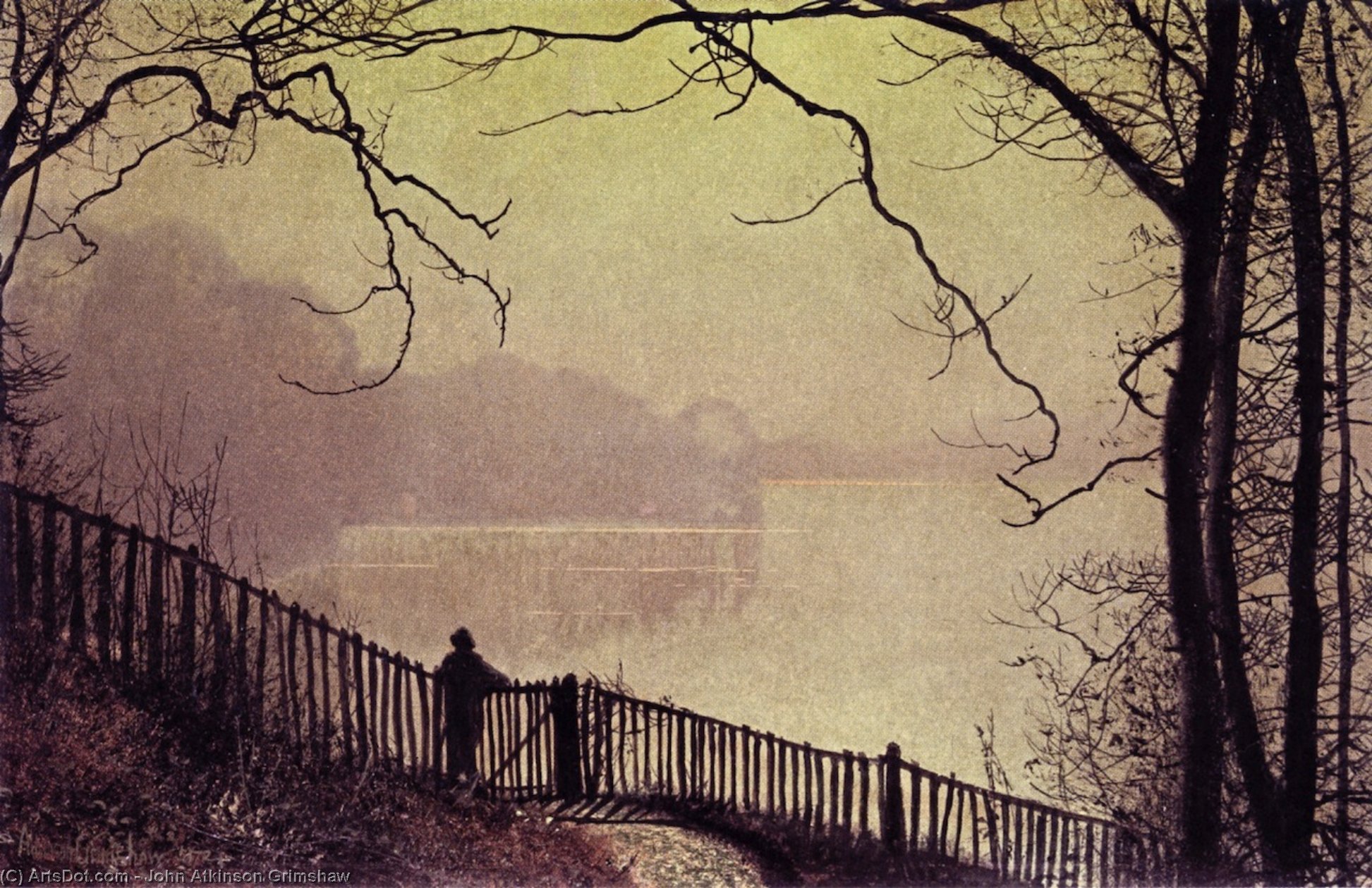 Wikioo.org – L'Encyclopédie des Beaux Arts - Peinture, Oeuvre de John Atkinson Grimshaw - figure surplombant le lac waterloo , Rounday Parc , Leeds