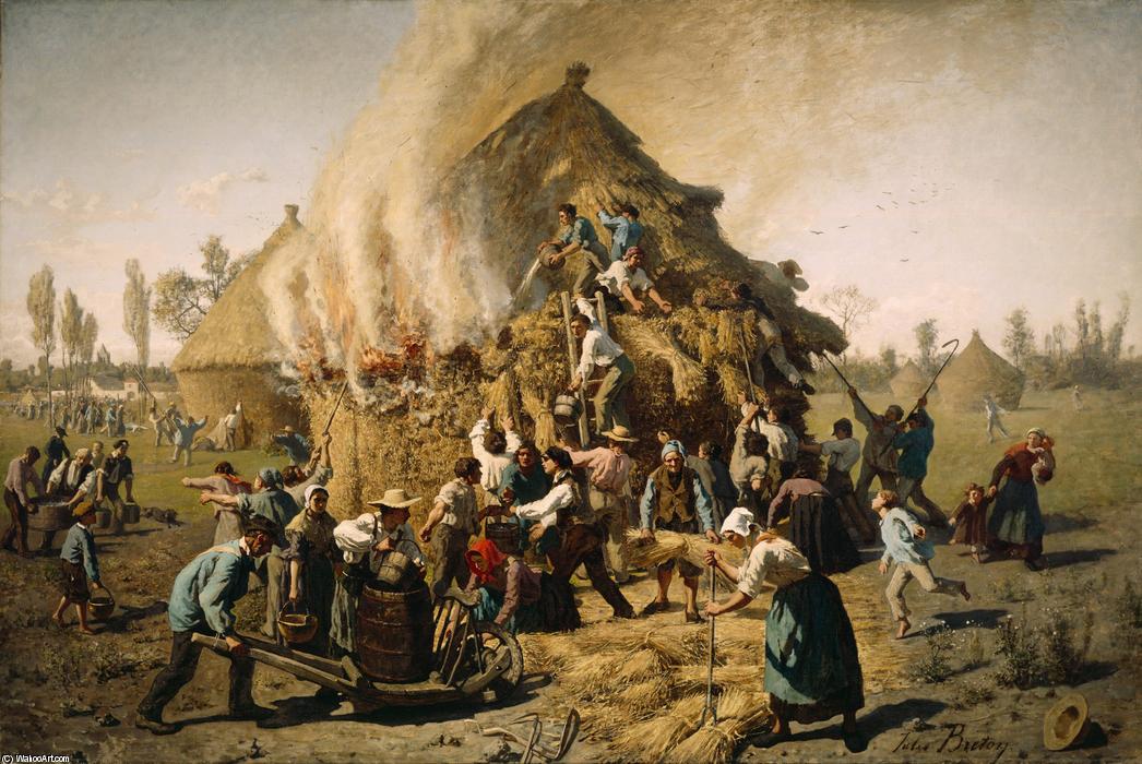 Wikioo.org - The Encyclopedia of Fine Arts - Painting, Artwork by Jules Adolphe Aimé Louis Breton - Fire in a Haystack