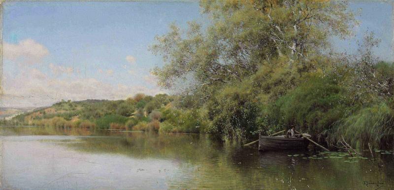 Wikioo.org - The Encyclopedia of Fine Arts - Painting, Artwork by Emilio Sanchez-Perrier - Fishermen on a Tranquil River