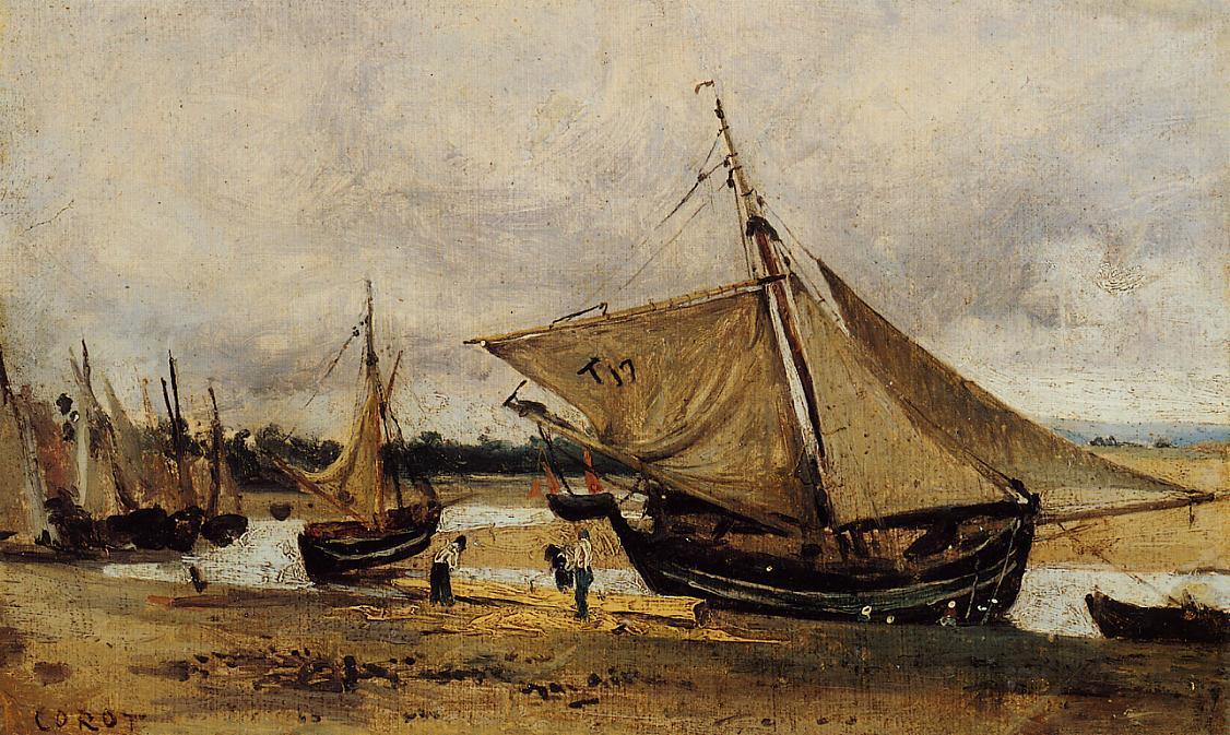 Wikioo.org - The Encyclopedia of Fine Arts - Painting, Artwork by Jean Baptiste Camille Corot - Fishing Boars Beached in the Chanel