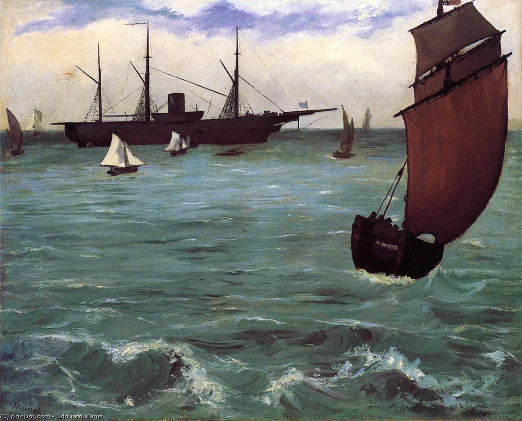 Wikioo.org - The Encyclopedia of Fine Arts - Painting, Artwork by Edouard Manet - Fishing Boat Coming in Before the Wind (also known as The Kearsarge at Bologne)