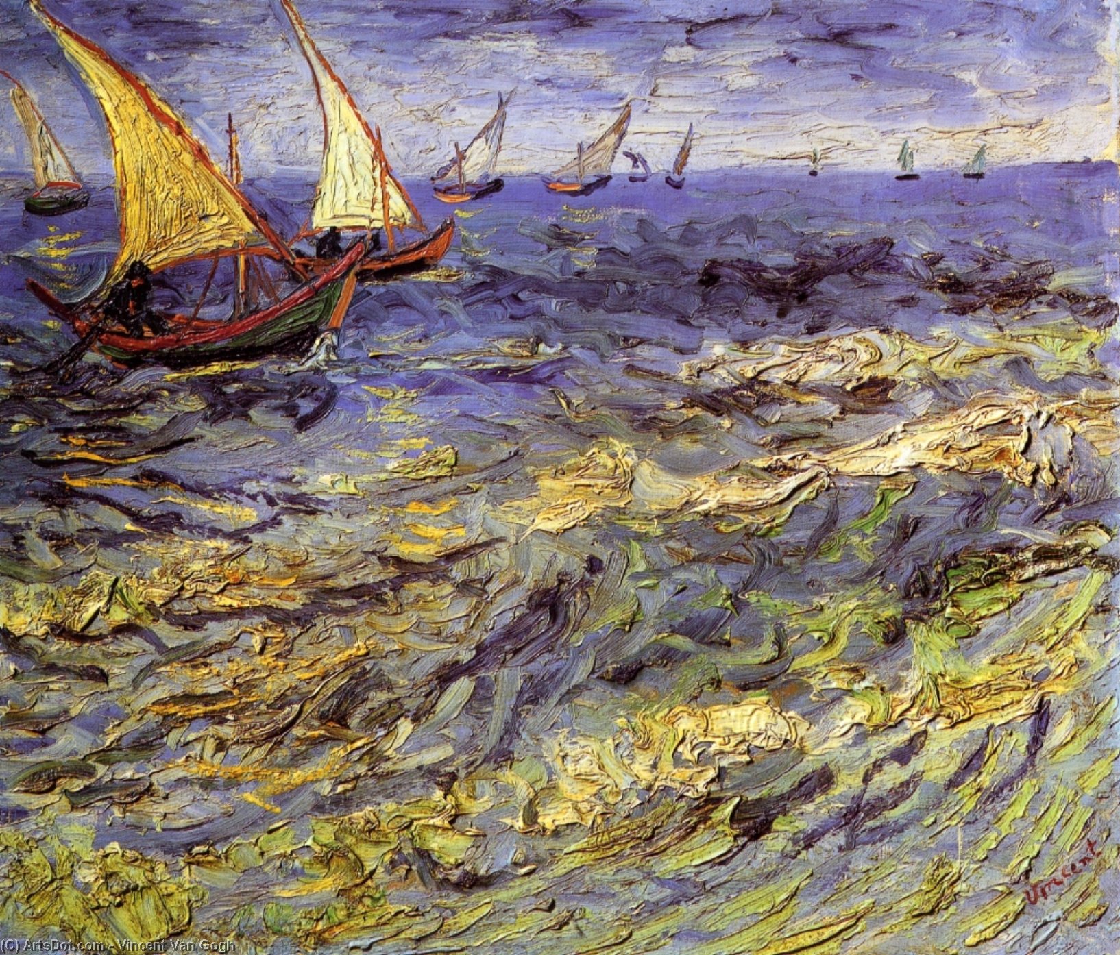 Wikioo.org - The Encyclopedia of Fine Arts - Painting, Artwork by Vincent Van Gogh - Fishing Boats at Sea (also known as Seascape at Saintes-Maries)