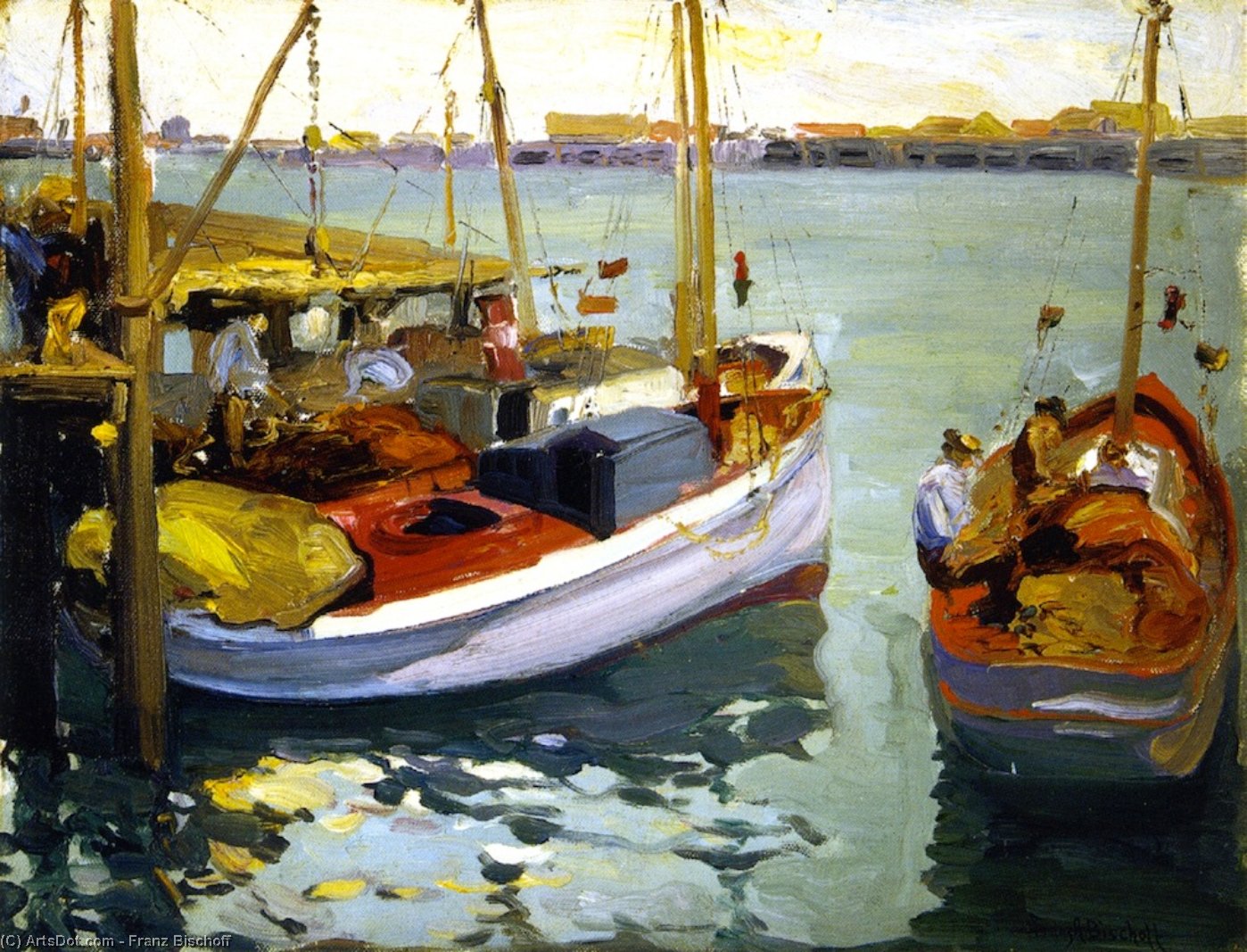 Wikioo.org - Die Enzyklopädie bildender Kunst - Malerei, Kunstwerk von Franz Bischoff - angeln boote , L . Ein . Hafen