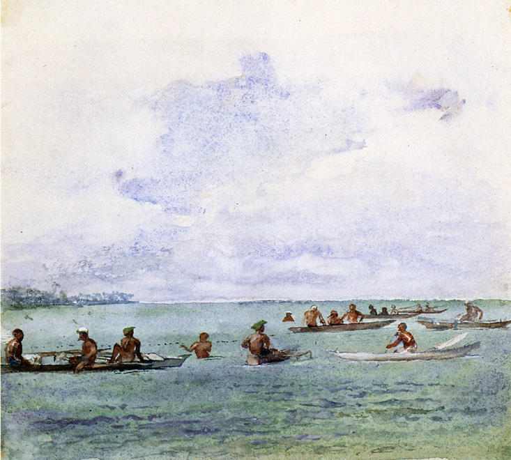 Wikioo.org - The Encyclopedia of Fine Arts - Painting, Artwork by John La Farge - Fishing Party in Canoes, Samoa