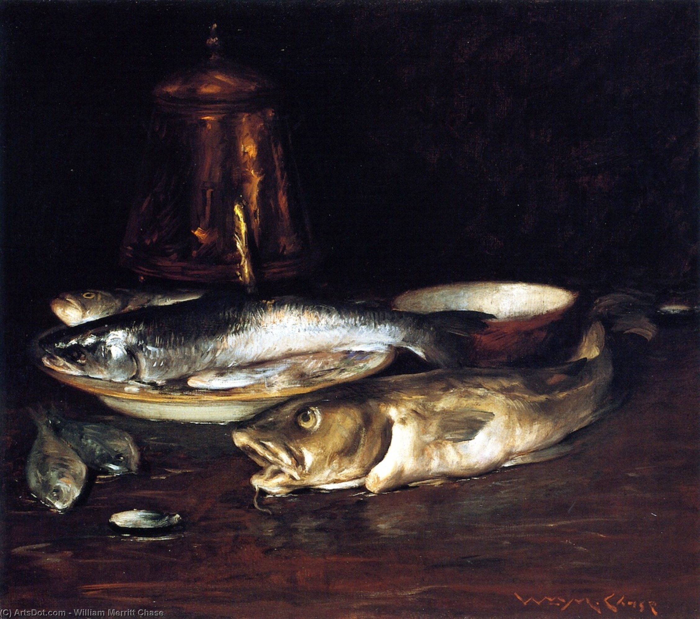 Wikioo.org - สารานุกรมวิจิตรศิลป์ - จิตรกรรม William Merritt Chase - Fish, Plate and Copper Pot