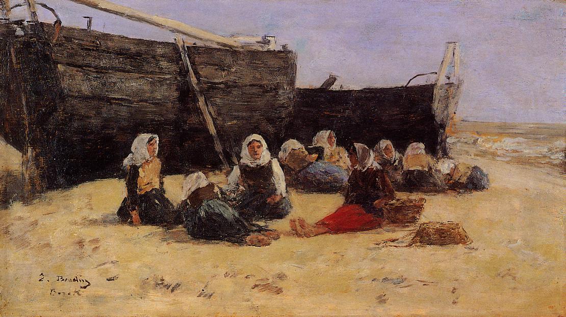 Wikioo.org – L'Enciclopedia delle Belle Arti - Pittura, Opere di Eugène Louis Boudin - Fishwomen Seduto sulla spiaggia di Berck