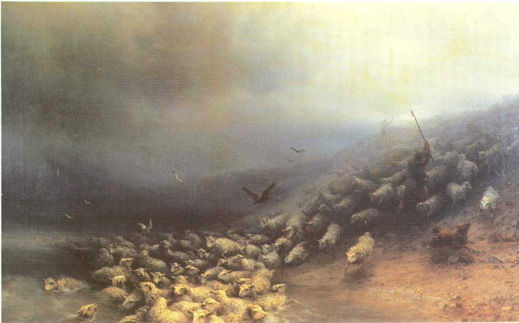 Wikoo.org - موسوعة الفنون الجميلة - اللوحة، العمل الفني Ivan Aivazovsky - Flock of sheep at gale
