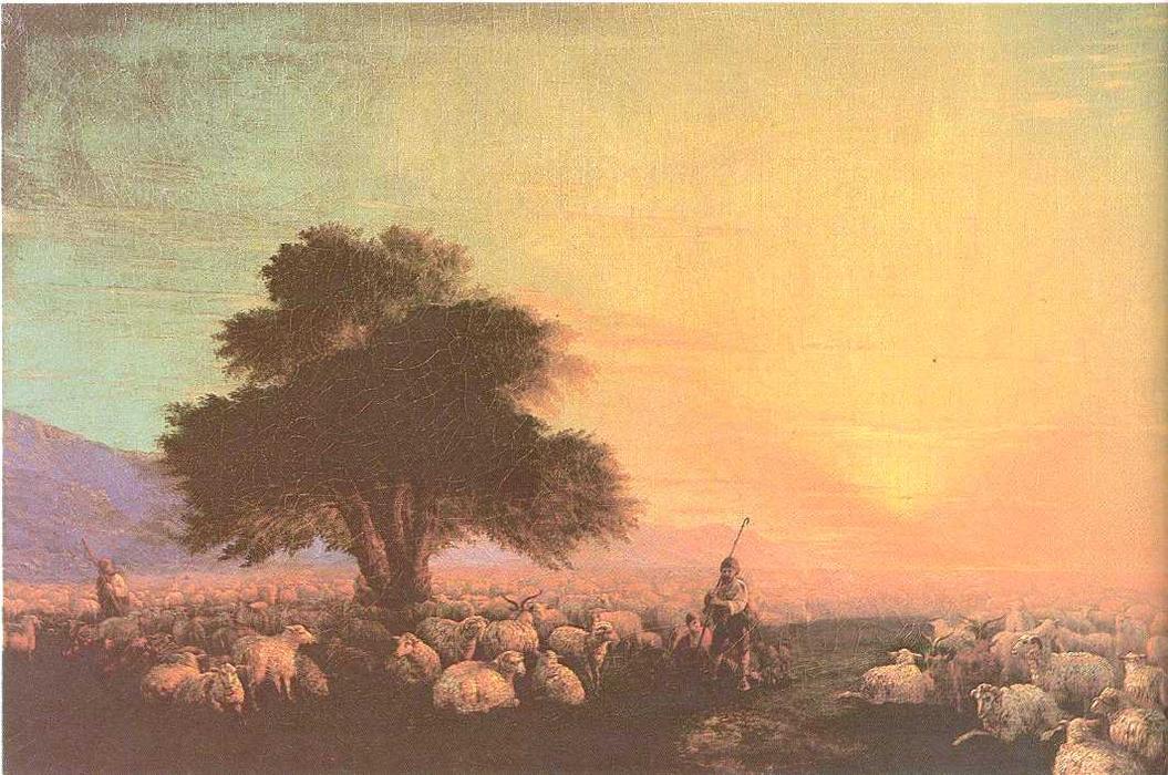 Wikioo.org - The Encyclopedia of Fine Arts - Painting, Artwork by Ivan Aivazovsky - Flock of sheep with herdsmen, sunset