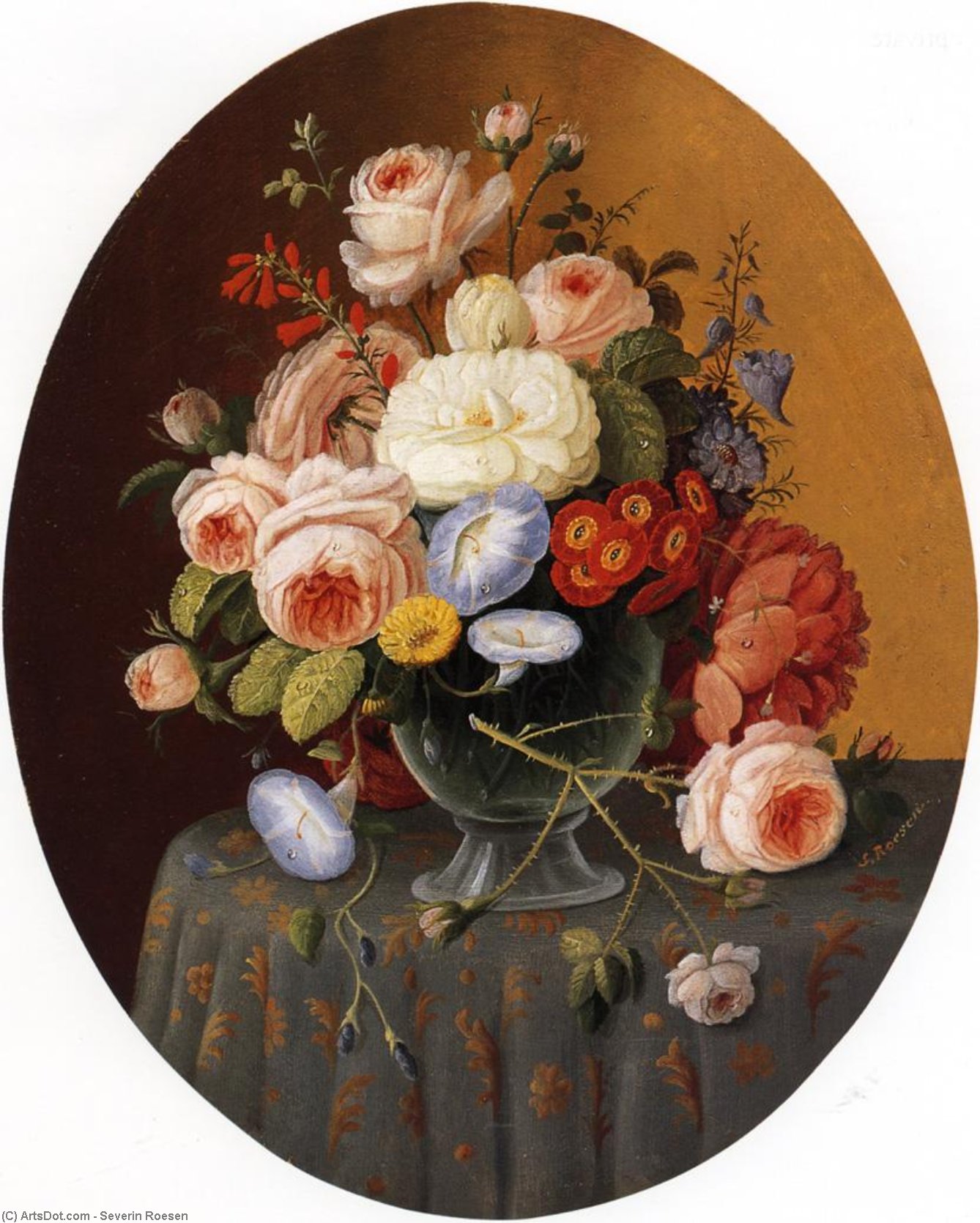 Wikioo.org - The Encyclopedia of Fine Arts - Painting, Artwork by Severin Roesen - Floral Arrangement in a Glass Vase on a Clothed Table