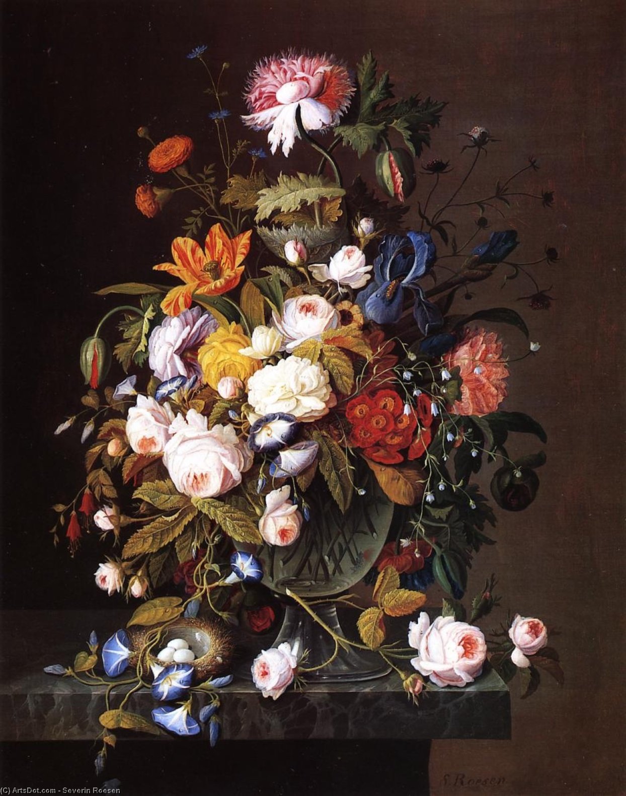 Wikioo.org - The Encyclopedia of Fine Arts - Painting, Artwork by Severin Roesen - Floral Still Life with Bird's Nest