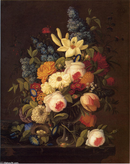 Wikioo.org - The Encyclopedia of Fine Arts - Painting, Artwork by Severin Roesen - Floral Still Life with Nest of Eggs