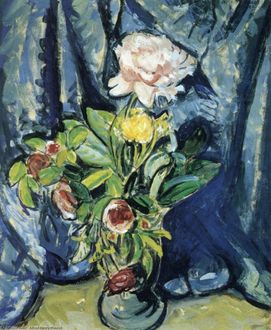 Wikioo.org - The Encyclopedia of Fine Arts - Painting, Artwork by Alfred Henry Maurer - Flowers Against a Blue Drape