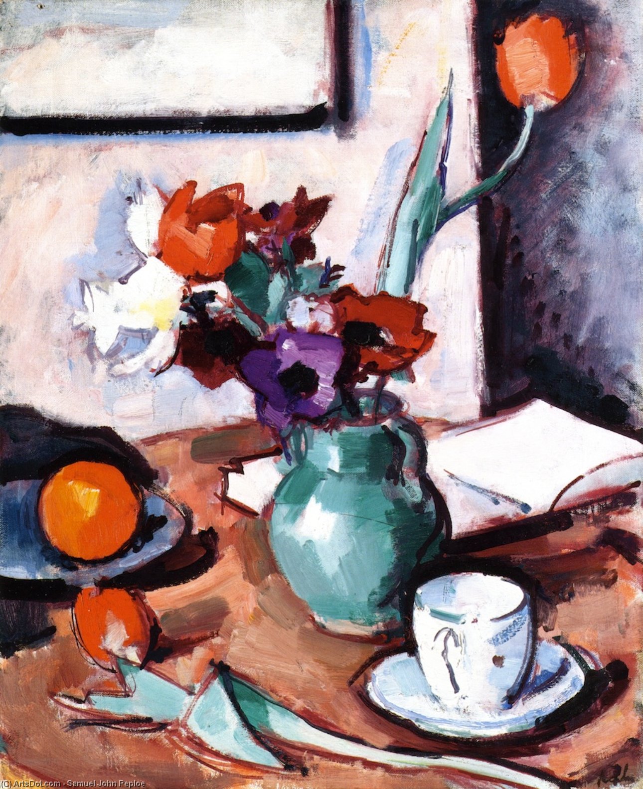 Wikioo.org - The Encyclopedia of Fine Arts - Painting, Artwork by Samuel John Peploe - Flowers in a Green Vase
