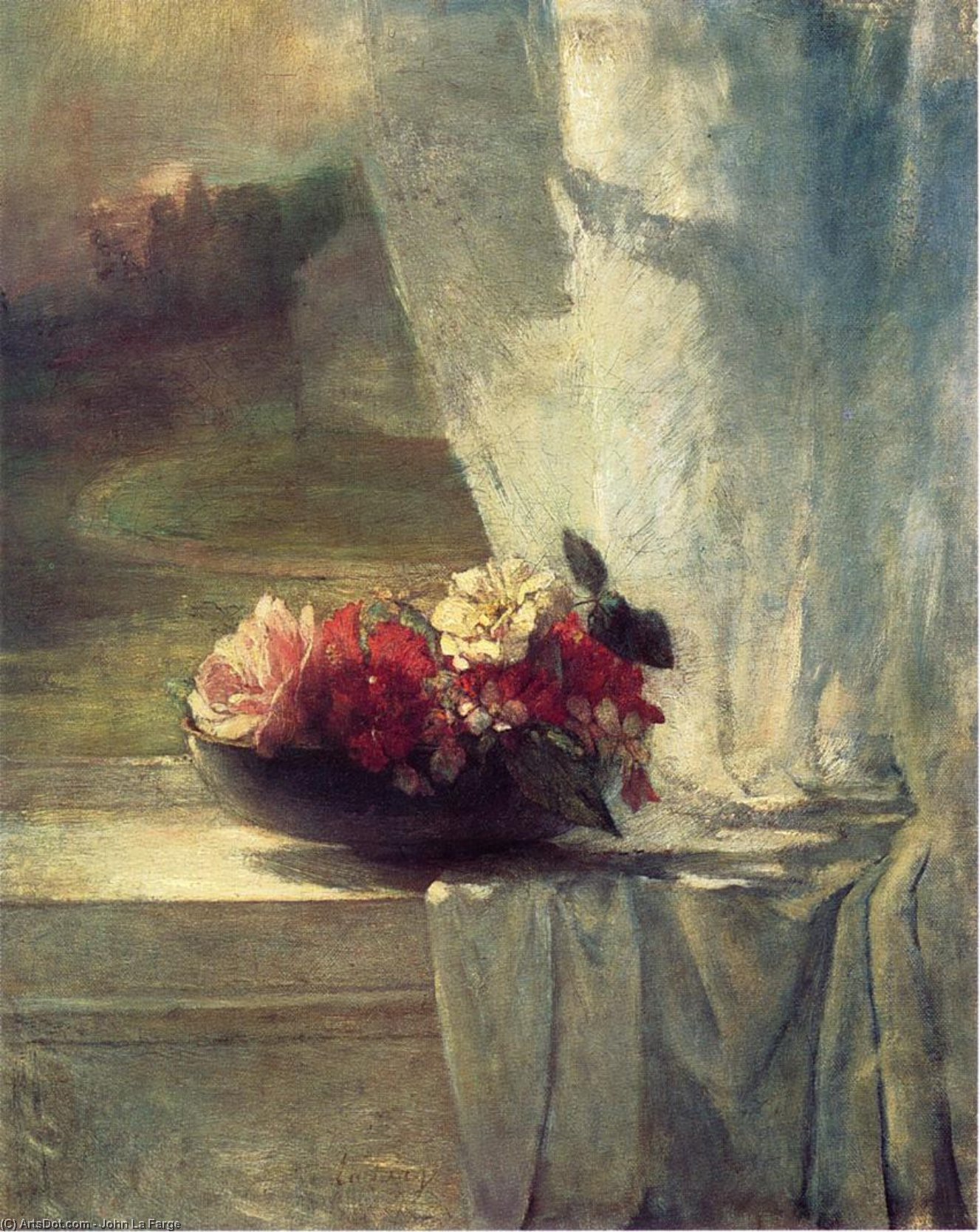 Wikioo.org - The Encyclopedia of Fine Arts - Painting, Artwork by John La Farge - Flowers in a Persian Porcelain Water Bowl (also known as Flowers on a Windowsill)