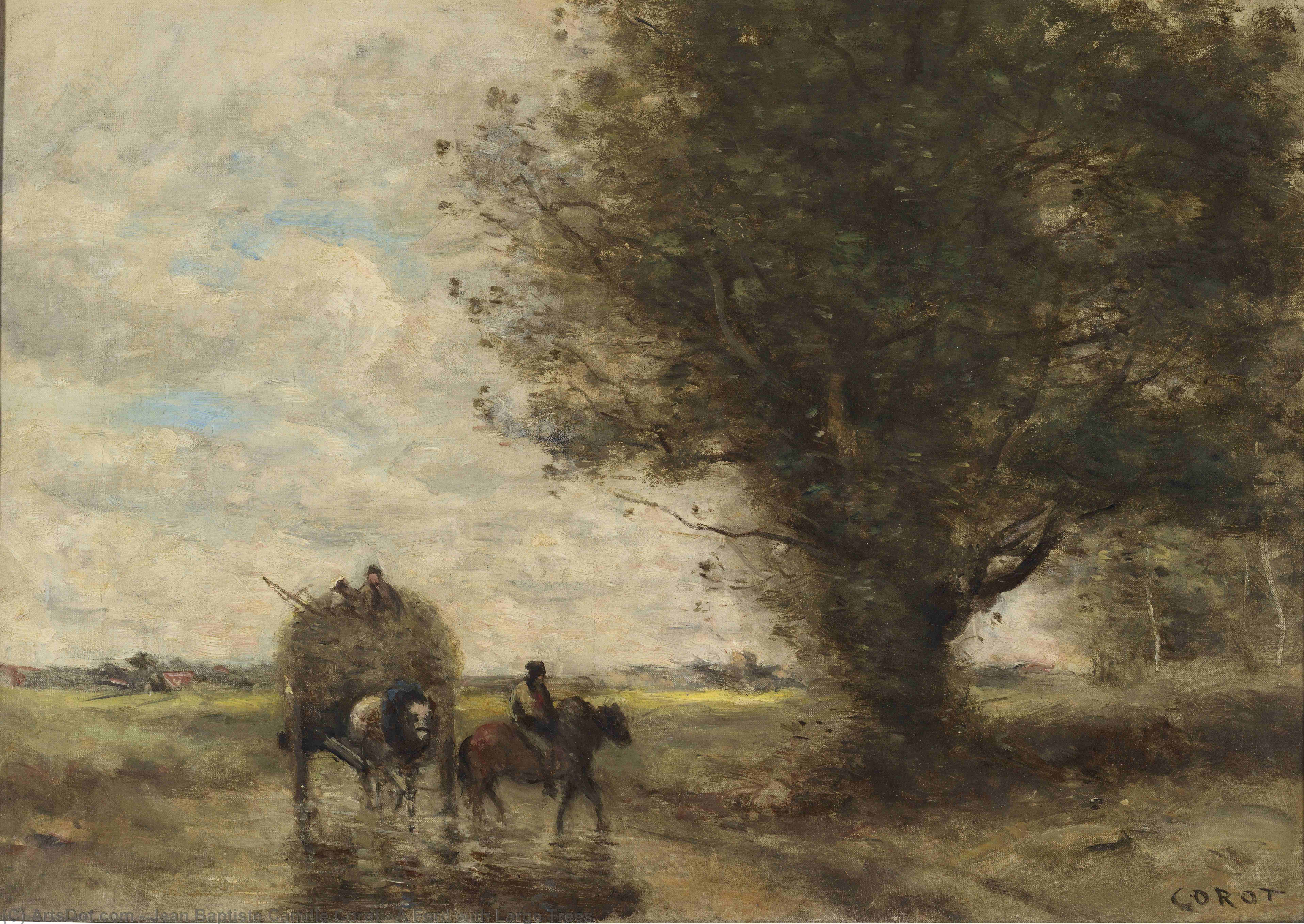Wikoo.org - موسوعة الفنون الجميلة - اللوحة، العمل الفني Jean Baptiste Camille Corot - A Ford with Large Trees