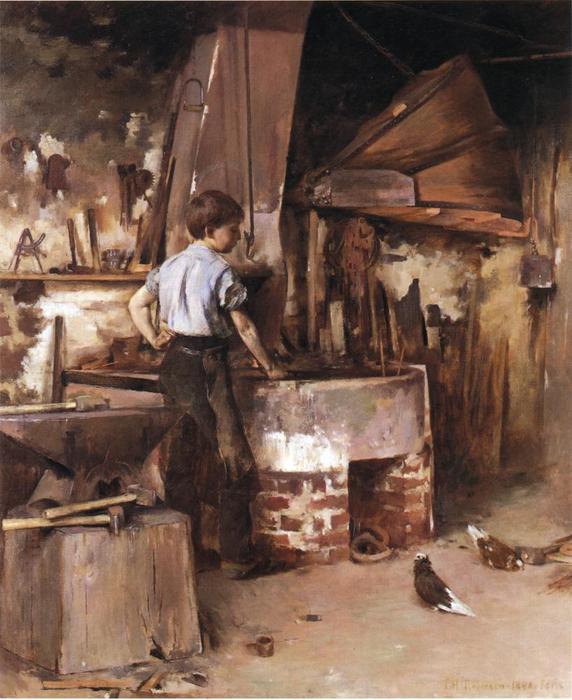 Wikioo.org - The Encyclopedia of Fine Arts - Painting, Artwork by Theodore Robinson - The Forge (also known as An Apprentice Blacksmith)