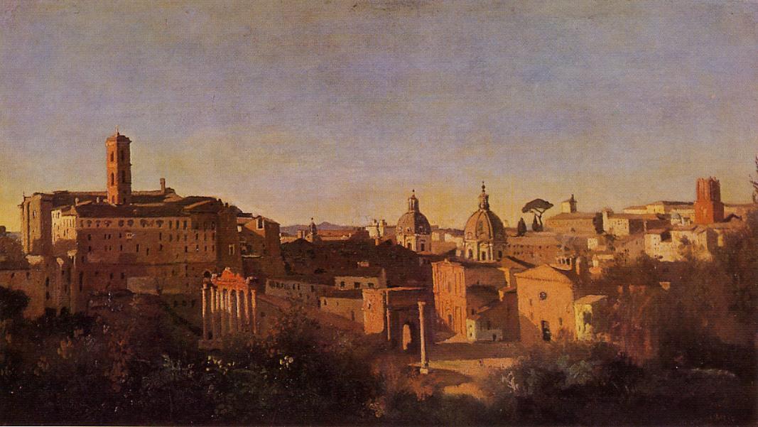 Wikoo.org - موسوعة الفنون الجميلة - اللوحة، العمل الفني Jean Baptiste Camille Corot - The Forum Seen from the Farnese Gardens, Evening