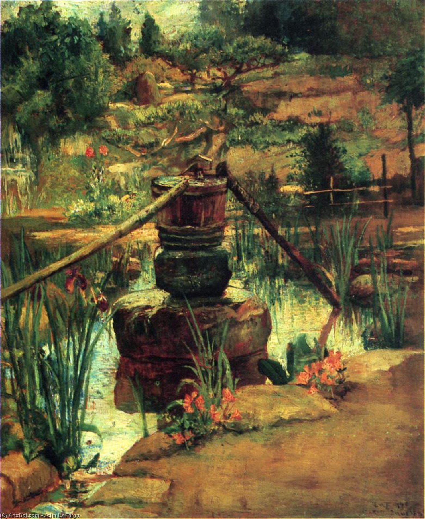 Wikioo.org – La Enciclopedia de las Bellas Artes - Pintura, Obras de arte de John La Farge - la fuente en nuestro Jardín en Nikko
