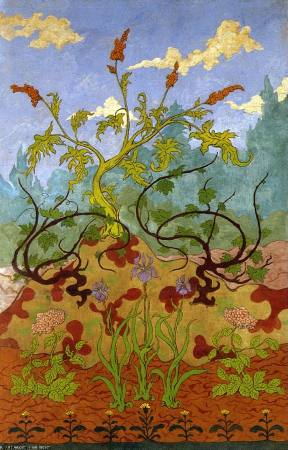 WikiOO.org - 百科事典 - 絵画、アートワーク Paul Ranson - 四つ 装飾的な パネル : アイリス そして、large 黄色と モーブ フラワーズ