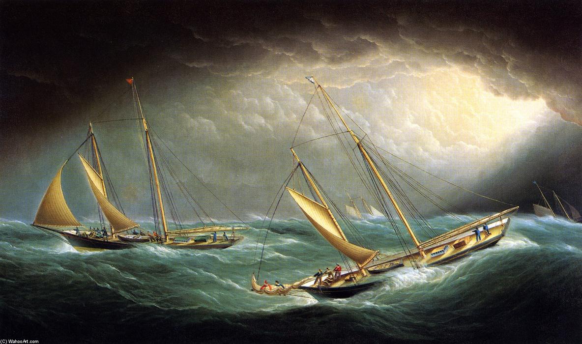 WikiOO.org - Encyclopedia of Fine Arts - Lukisan, Artwork James Edward Buttersworth - Four Yachts in a Storm