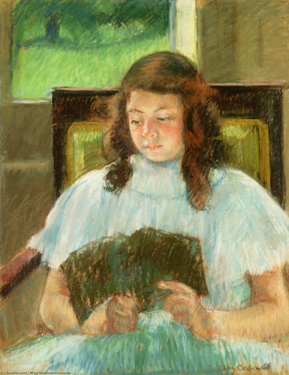 Wikioo.org - The Encyclopedia of Fine Arts - Painting, Artwork by Mary Stevenson Cassatt - Françoise in a Square-Backed Chair, Reading (also known as Young Girl Reading, Young Girl in a Blue Dress)