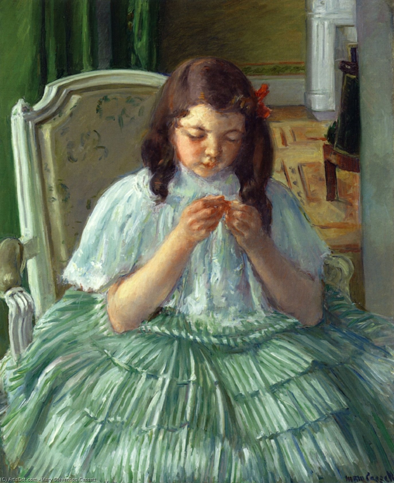Wikioo.org - The Encyclopedia of Fine Arts - Painting, Artwork by Mary Stevenson Cassatt - Françoise in Green, Sewing